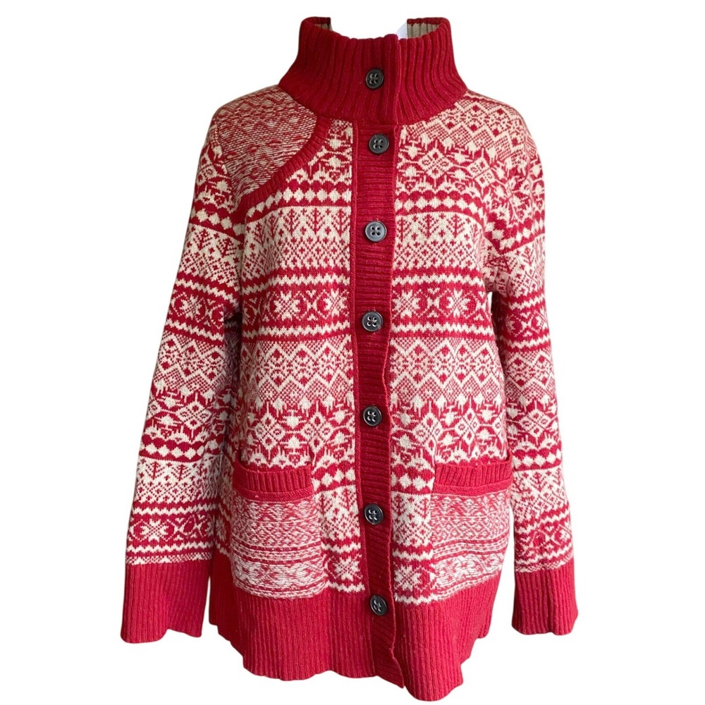 Eddie Bauer Wool Fair Isle Red Cardigan Sweater Large Scandigirl Nordic Heritage